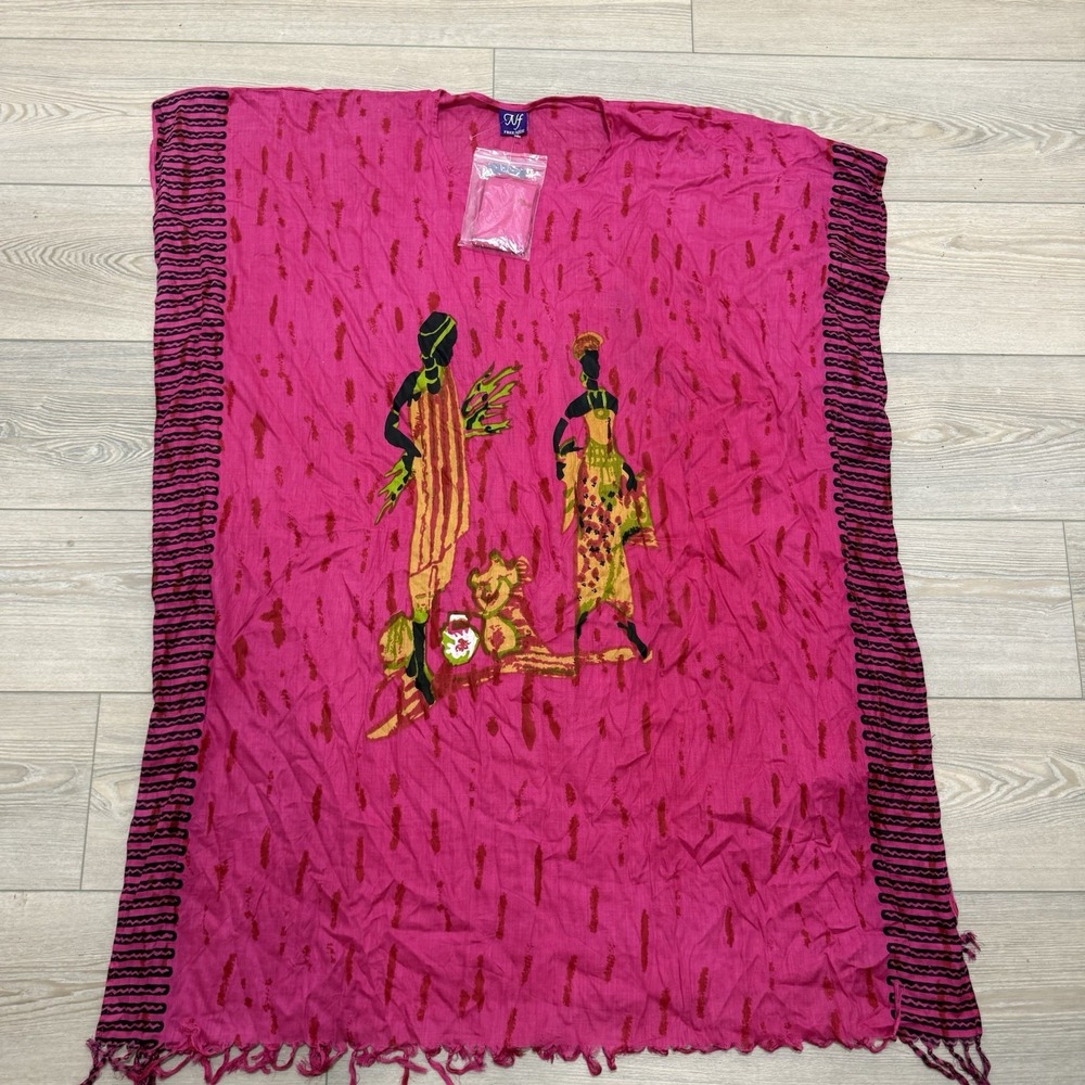 Pink African Print Caftan Tunic 100% Rayon Fringe Hem NWT Boho